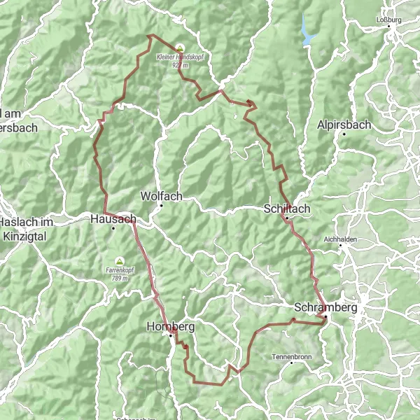 Map miniature of "Schramberg Gravel Adventure" cycling inspiration in Freiburg, Germany. Generated by Tarmacs.app cycling route planner