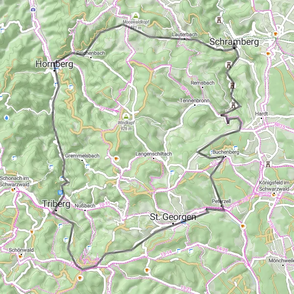 Map miniature of "Tranquil Road Sceneries" cycling inspiration in Freiburg, Germany. Generated by Tarmacs.app cycling route planner