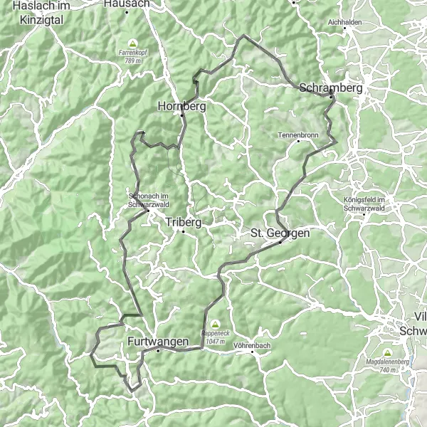 Map miniature of "Scenic Tour around Schramberg" cycling inspiration in Freiburg, Germany. Generated by Tarmacs.app cycling route planner