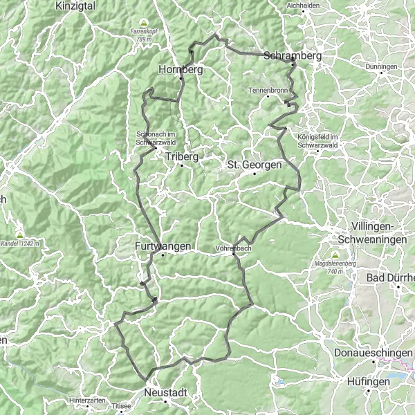 Map miniature of "Schramberg Road Adventure" cycling inspiration in Freiburg, Germany. Generated by Tarmacs.app cycling route planner