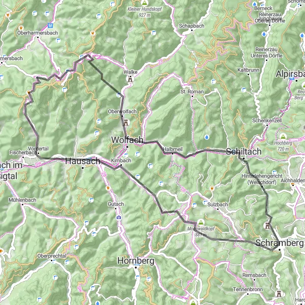 Map miniature of "Schramberg Adventure Ride" cycling inspiration in Freiburg, Germany. Generated by Tarmacs.app cycling route planner