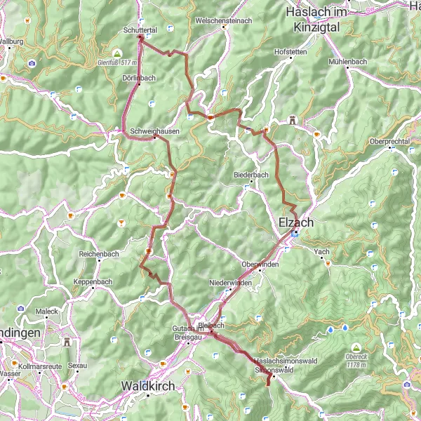 Map miniature of "The Elzach Forest Gravel Loop" cycling inspiration in Freiburg, Germany. Generated by Tarmacs.app cycling route planner