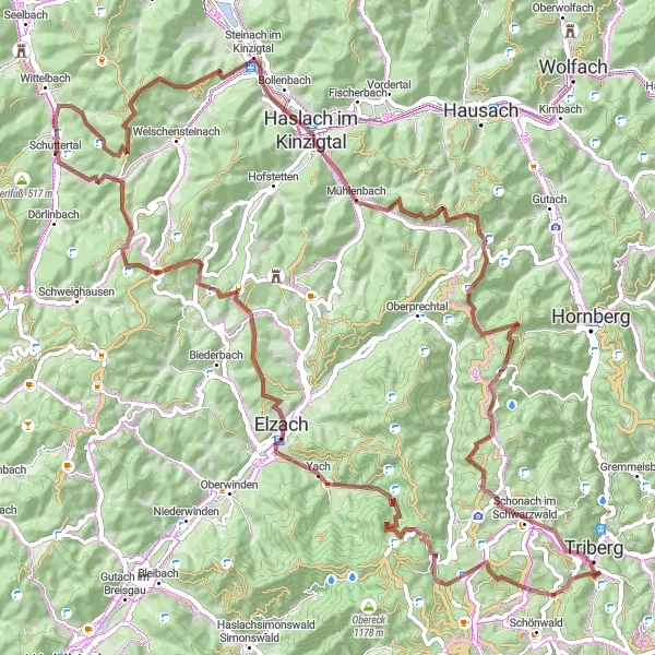Map miniature of "The Kinzigtal Valley Gravel Adventure" cycling inspiration in Freiburg, Germany. Generated by Tarmacs.app cycling route planner