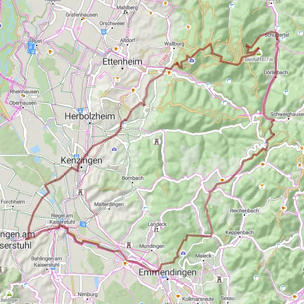 Map miniature of "The Kaiserstuhl Gravel Loop" cycling inspiration in Freiburg, Germany. Generated by Tarmacs.app cycling route planner