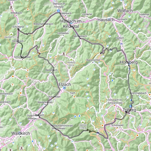 Karten-Miniaturansicht der Radinspiration "Road-Tour durch Welschensteinach und Triberg" in Freiburg, Germany. Erstellt vom Tarmacs.app-Routenplaner für Radtouren