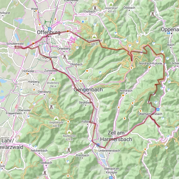 Map miniature of "Schutterwald Gravel Adventure" cycling inspiration in Freiburg, Germany. Generated by Tarmacs.app cycling route planner