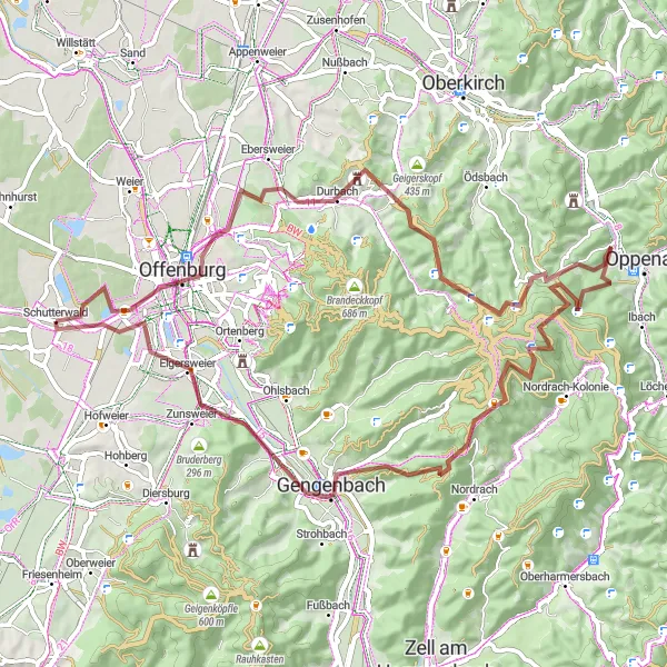 Map miniature of "Explore the Gravel Trails in Schutterwald" cycling inspiration in Freiburg, Germany. Generated by Tarmacs.app cycling route planner