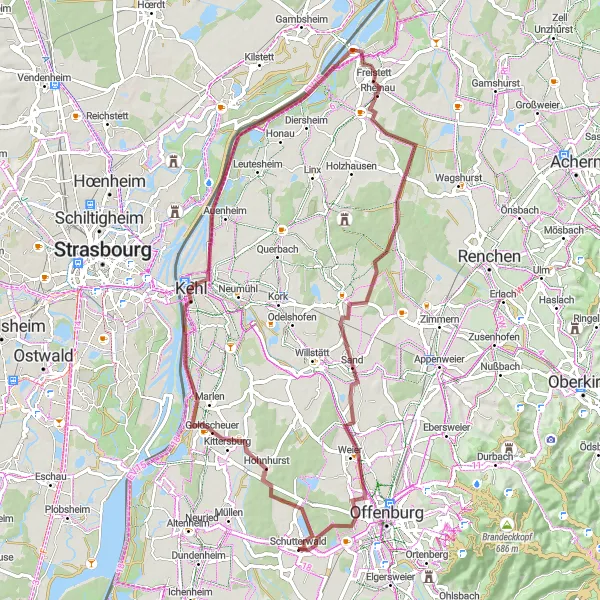 Map miniature of "Schutterwald Gravel Ride" cycling inspiration in Freiburg, Germany. Generated by Tarmacs.app cycling route planner