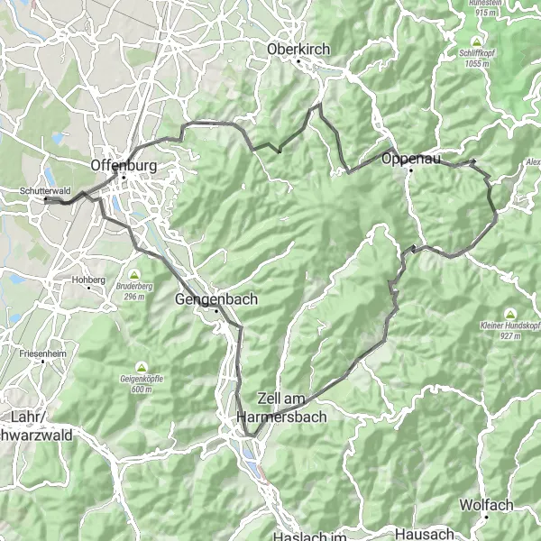 Map miniature of "Schutterwald to Geisskopf" cycling inspiration in Freiburg, Germany. Generated by Tarmacs.app cycling route planner