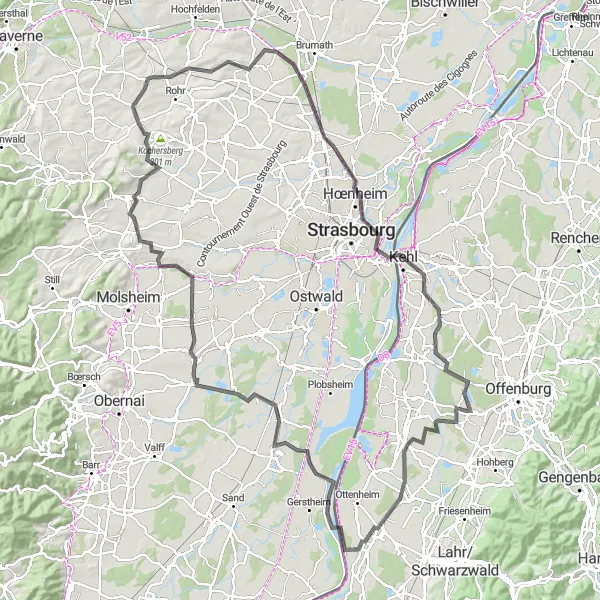 Karten-Miniaturansicht der Radinspiration "Rheinebene-Tour" in Freiburg, Germany. Erstellt vom Tarmacs.app-Routenplaner für Radtouren