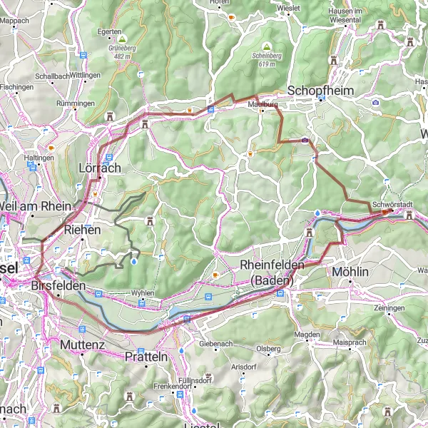 Karten-Miniaturansicht der Radinspiration "Gravel-Abenteuer durch Rheinfelden" in Freiburg, Germany. Erstellt vom Tarmacs.app-Routenplaner für Radtouren