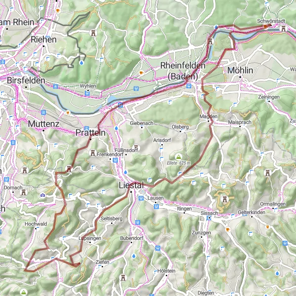 Karten-Miniaturansicht der Radinspiration "Rheinfelden Gravel Tour" in Freiburg, Germany. Erstellt vom Tarmacs.app-Routenplaner für Radtouren