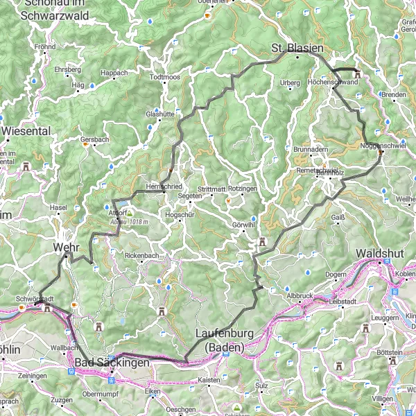 Karten-Miniaturansicht der Radinspiration "Schwörstadt - Rund um den Schwarzwald" in Freiburg, Germany. Erstellt vom Tarmacs.app-Routenplaner für Radtouren