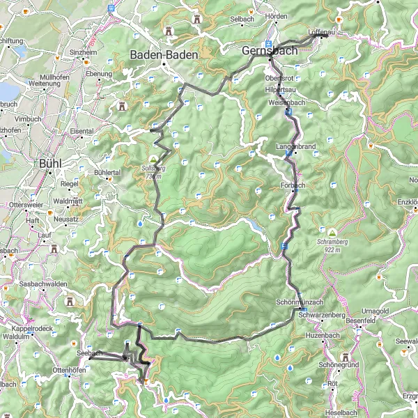 Karten-Miniaturansicht der Radinspiration "Herausfordernde Straßentour zur Hornisgrinde und Schwarzkopf" in Freiburg, Germany. Erstellt vom Tarmacs.app-Routenplaner für Radtouren