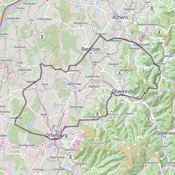 Karten-Miniaturansicht der Radinspiration "Hügelige Straßentour durch Oberkirch und Offenburg" in Freiburg, Germany. Erstellt vom Tarmacs.app-Routenplaner für Radtouren