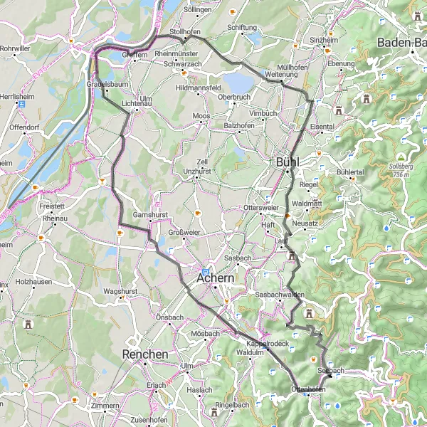 Karten-Miniaturansicht der Radinspiration "Straßenroute um Seebach" in Freiburg, Germany. Erstellt vom Tarmacs.app-Routenplaner für Radtouren