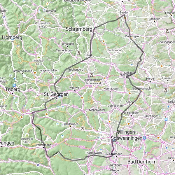 Map miniature of "Dunningen Circuit" cycling inspiration in Freiburg, Germany. Generated by Tarmacs.app cycling route planner
