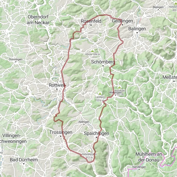 Map miniature of "Trossingen to Gehrn Gravel Route" cycling inspiration in Freiburg, Germany. Generated by Tarmacs.app cycling route planner