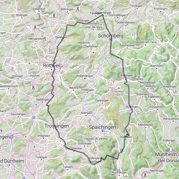 Map miniature of "The Trossingen and Deilingen Adventure" cycling inspiration in Freiburg, Germany. Generated by Tarmacs.app cycling route planner