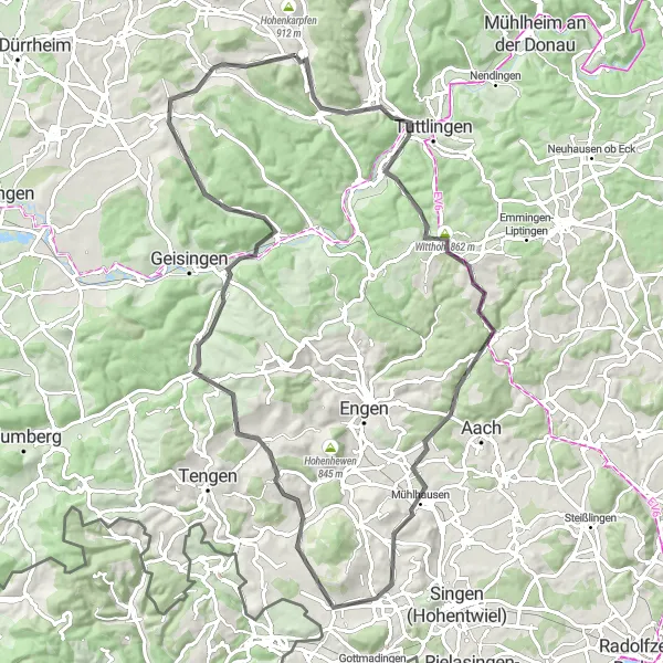 Map miniature of "The Konzenberg and Witthoh Circuit" cycling inspiration in Freiburg, Germany. Generated by Tarmacs.app cycling route planner