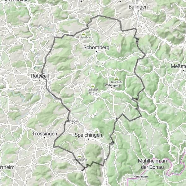 Map miniature of "The Hohenkarpfen and Tieringen Challenge" cycling inspiration in Freiburg, Germany. Generated by Tarmacs.app cycling route planner