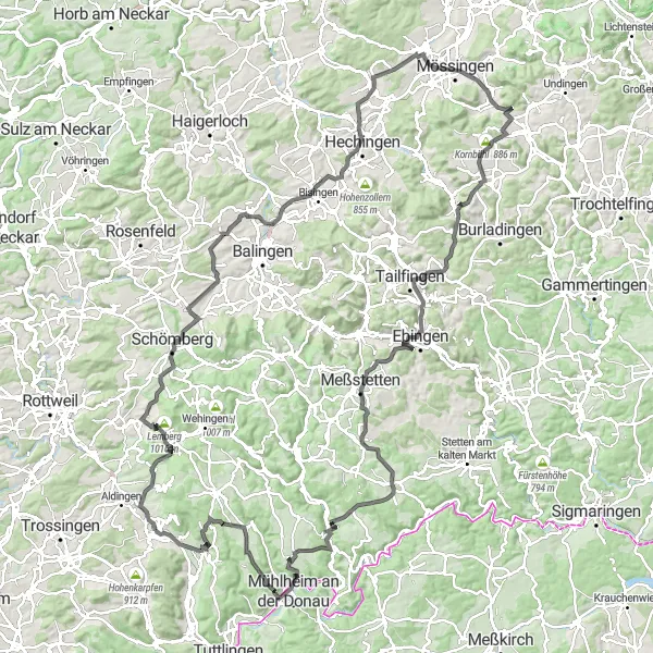 Karten-Miniaturansicht der Radinspiration "Roadbike-Abenteuer: Von Spaichingen zu den Höhenpunkten der Region" in Freiburg, Germany. Erstellt vom Tarmacs.app-Routenplaner für Radtouren