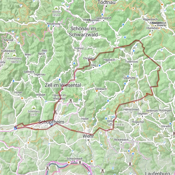 Map miniature of "Wiesental Gravel Tomfoolery" cycling inspiration in Freiburg, Germany. Generated by Tarmacs.app cycling route planner