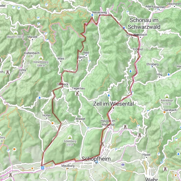 Map miniature of "Hidden Gems Gravel" cycling inspiration in Freiburg, Germany. Generated by Tarmacs.app cycling route planner