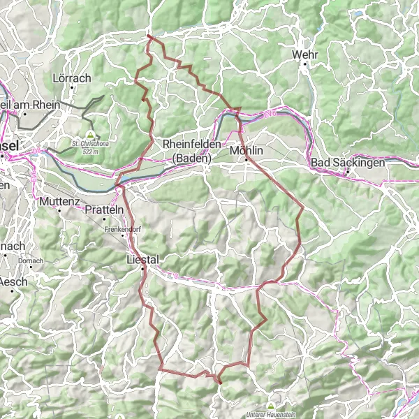 Map miniature of "The Gravel Adventure" cycling inspiration in Freiburg, Germany. Generated by Tarmacs.app cycling route planner