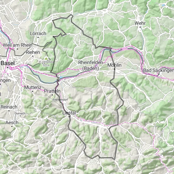 Map miniature of "Steinen - Möhlin - Känerkinden - Hau - Liestal - Vögel - Buttenberg - Hauingen - Steinen" cycling inspiration in Freiburg, Germany. Generated by Tarmacs.app cycling route planner