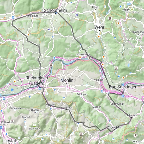 Karten-Miniaturansicht der Radinspiration "Durch malerische Dörfer und Hügel" in Freiburg, Germany. Erstellt vom Tarmacs.app-Routenplaner für Radtouren