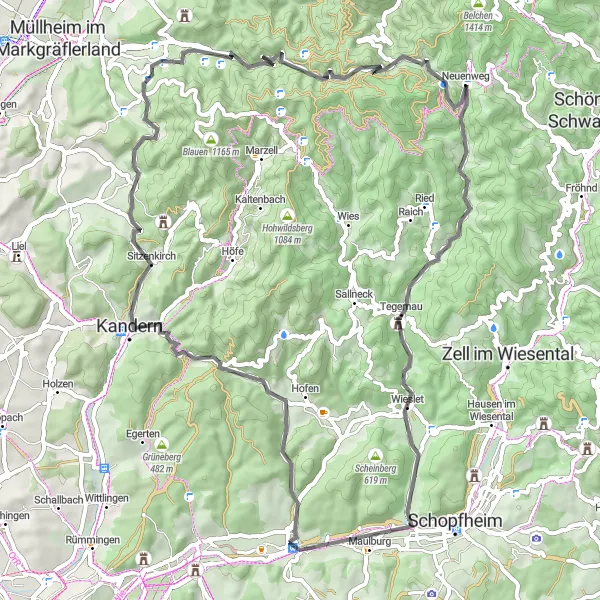 Karten-Miniaturansicht der Radinspiration "Steinen-Rundweg nach Badenweiler" in Freiburg, Germany. Erstellt vom Tarmacs.app-Routenplaner für Radtouren