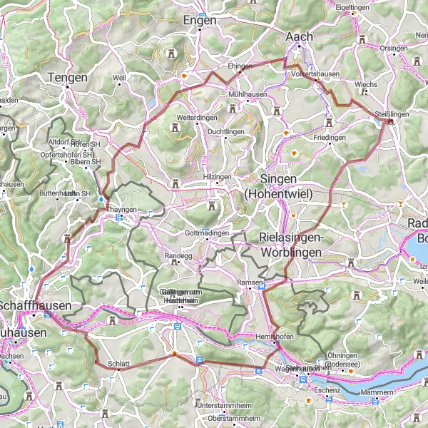 Map miniature of "Jewels of Steißlingen Gravel Adventure" cycling inspiration in Freiburg, Germany. Generated by Tarmacs.app cycling route planner