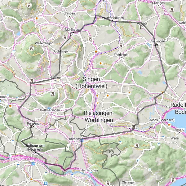 Map miniature of "Scenic Road Adventure near Steißlingen" cycling inspiration in Freiburg, Germany. Generated by Tarmacs.app cycling route planner