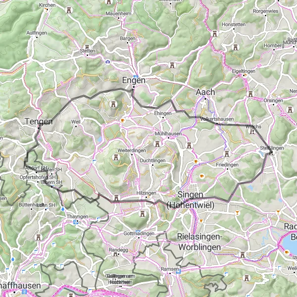 Map miniature of "The Road to Hohenhewen" cycling inspiration in Freiburg, Germany. Generated by Tarmacs.app cycling route planner