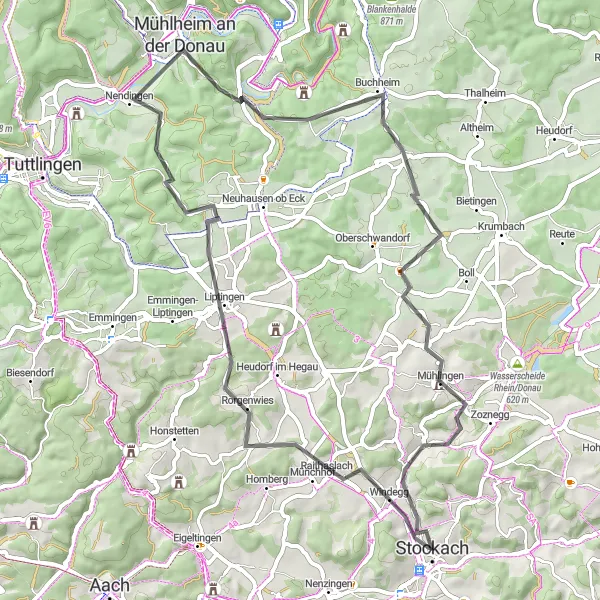 Karten-Miniaturansicht der Radinspiration "Stockach - Mühlheim Loop" in Freiburg, Germany. Erstellt vom Tarmacs.app-Routenplaner für Radtouren