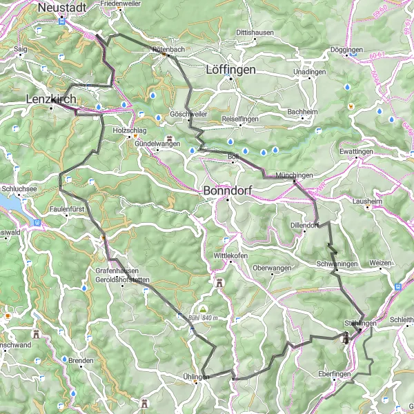 Karten-Miniaturansicht der Radinspiration "Panorama-Road-Tour rund um Stühlingen" in Freiburg, Germany. Erstellt vom Tarmacs.app-Routenplaner für Radtouren