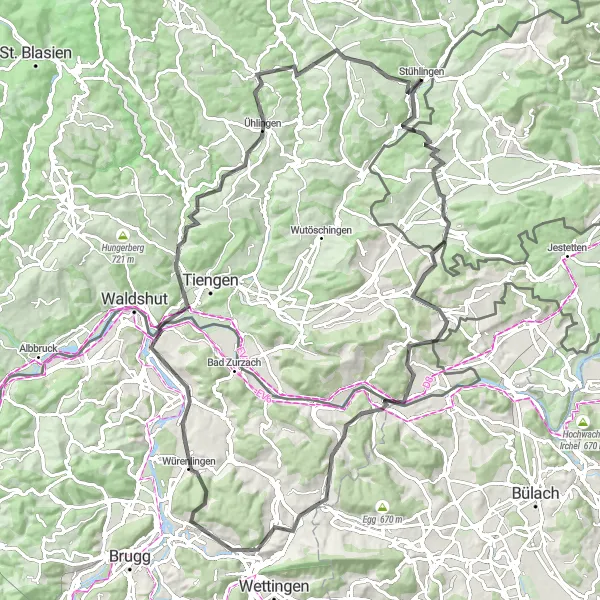 Karten-Miniaturansicht der Radinspiration "Die längste Straßentour von Wilchingen nach Stühlingen" in Freiburg, Germany. Erstellt vom Tarmacs.app-Routenplaner für Radtouren