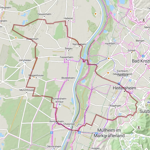 Karten-Miniaturansicht der Radinspiration "Gravelabenteuer im Markgräflerland" in Freiburg, Germany. Erstellt vom Tarmacs.app-Routenplaner für Radtouren