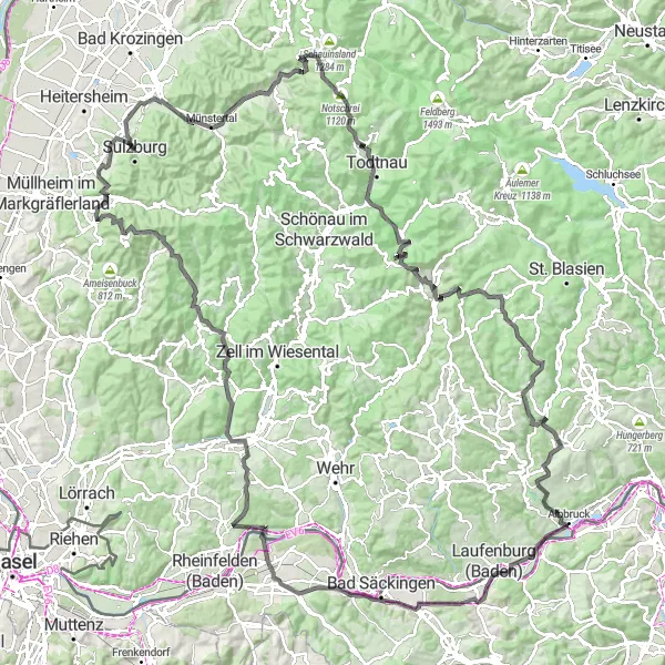 Karten-Miniaturansicht der Radinspiration "Herausfordernde Schwarzwaldtour" in Freiburg, Germany. Erstellt vom Tarmacs.app-Routenplaner für Radtouren