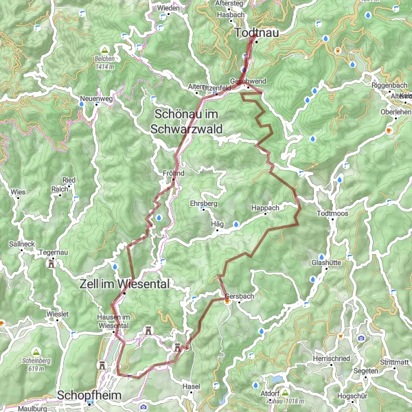 Map miniature of "Todtnau Gravel Adventure" cycling inspiration in Freiburg, Germany. Generated by Tarmacs.app cycling route planner