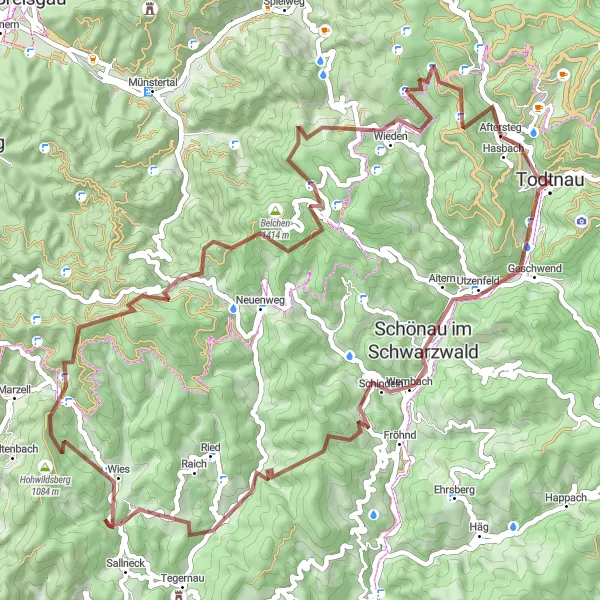 Karten-Miniaturansicht der Radinspiration "Gravel Runde von Todtnau zum Belchen" in Freiburg, Germany. Erstellt vom Tarmacs.app-Routenplaner für Radtouren