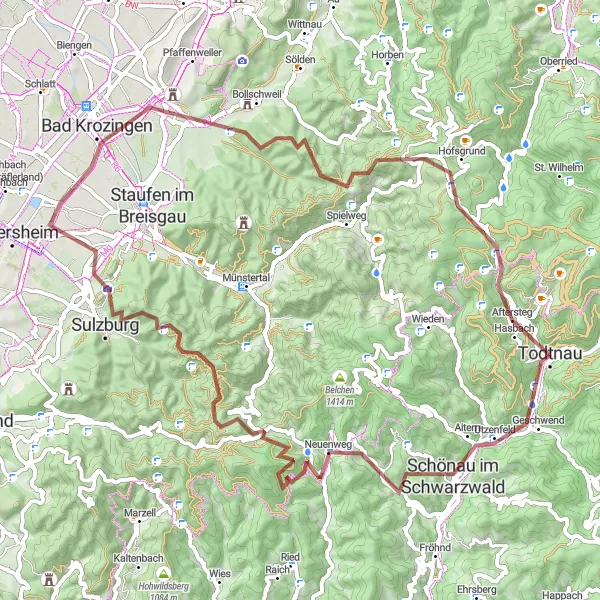 Map miniature of "Schönau im Schwarzwald Loop" cycling inspiration in Freiburg, Germany. Generated by Tarmacs.app cycling route planner