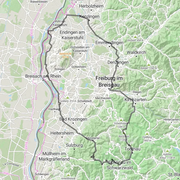 Map miniature of "The Schwarzwaldlänke: Exploring the Southern Black Forest" cycling inspiration in Freiburg, Germany. Generated by Tarmacs.app cycling route planner