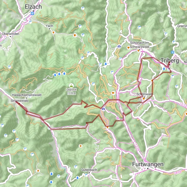 Map miniature of "Gravel Adventure Through the Black Forest" cycling inspiration in Freiburg, Germany. Generated by Tarmacs.app cycling route planner