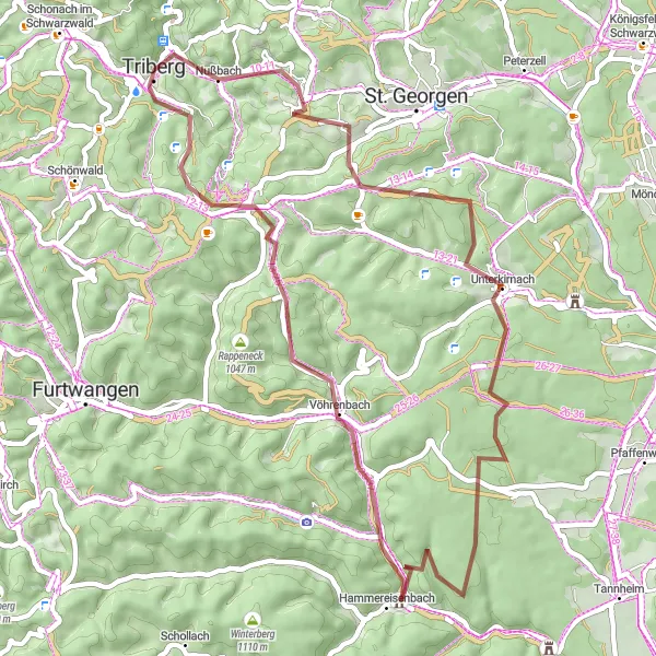 Map miniature of "Adventurous Gravel Route to Vöhrenbach" cycling inspiration in Freiburg, Germany. Generated by Tarmacs.app cycling route planner