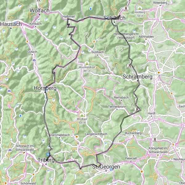 Map miniature of "Triberg Road Cycling Adventure" cycling inspiration in Freiburg, Germany. Generated by Tarmacs.app cycling route planner