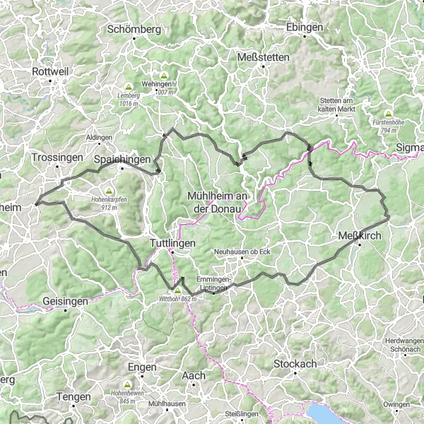 Map miniature of "Legendary Landscapes and Hilltops" cycling inspiration in Freiburg, Germany. Generated by Tarmacs.app cycling route planner