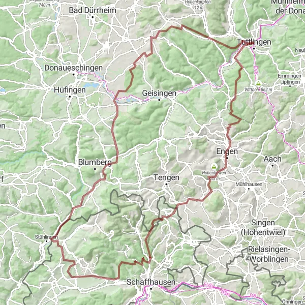 Map miniature of "The Randenturm Gravel Adventure" cycling inspiration in Freiburg, Germany. Generated by Tarmacs.app cycling route planner