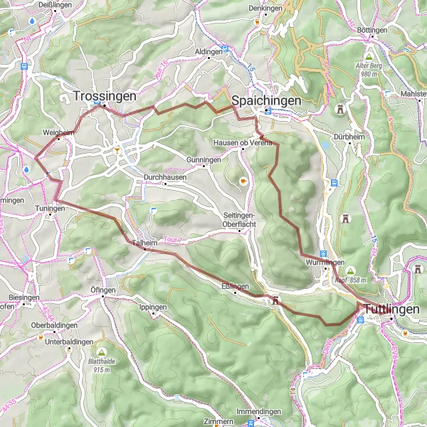 Map miniature of "The Enchanting Landscapes of Trossingen" cycling inspiration in Freiburg, Germany. Generated by Tarmacs.app cycling route planner